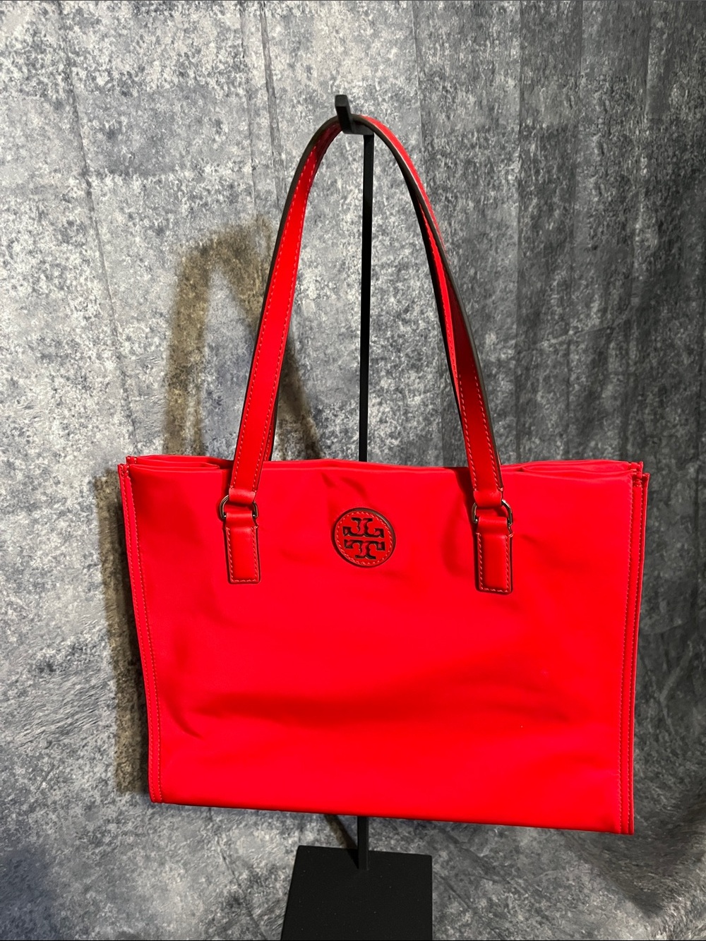 Tory Burch Bright Red Nylon Logo Tote with Top Handles